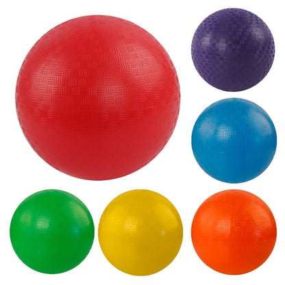 Six textured grid-patterned 9-Inch Dodgeball 6-Pack balls in red, purple, blue, green, yellow, and orange for team activity.