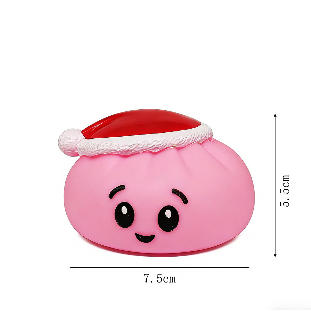 The Okie Soft Play Christmas Bun Squeaky Toy – Cute Holiday Stocking Stuffer is a pink, round toy with big eyes and a red Santa hat, designed to look like a cheerful squeaky bun. It measures 7.5 cm wide and 5.5 cm tall.