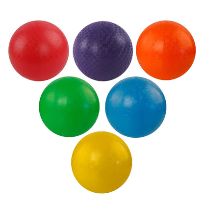 Six colorful 9-Inch Dodgeball 6-Pack playground balls in red, purple, orange, green, blue, and yellow arranged in a triangle for a team activity.