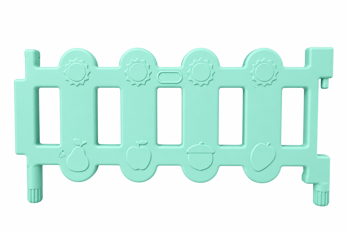 Introducing the Okie Soft Play Toddler Fence Panels | CPC Certified Soft Play Fence: a light blue plastic playpen panel featuring cut-out rectangles and embossed images of a pear, apple, acorn, and strawberry. Sun shapes decorate the top for added visual appeal.
