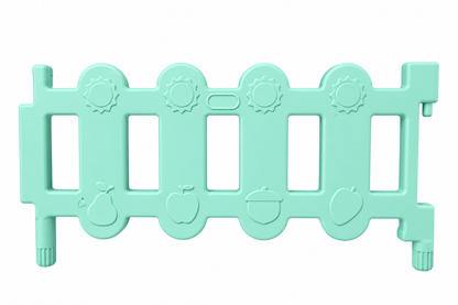 Introducing the Okie Soft Play Toddler Fence Panels | CPC Certified Soft Play Fence: a light blue plastic playpen panel featuring cut-out rectangles and embossed images of a pear, apple, acorn, and strawberry. Sun shapes decorate the top for added visual appeal.