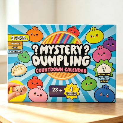 The brightly colored box labeled “Mystery Bun Squishy Advent Calendar – 24-Piece Surprise Stress Relief Box” by Okie Soft Play features cheerful cartoon buns, a rainbow, and text highlighting three different types of squishy buns plus one exclusive bun inside. Resting on a wooden surface bathed in sunlight, its eye-catching design is enhanced by playful CSS-inspired accents that add a contemporary flair to the packaging.