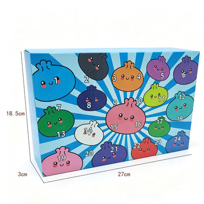 Experience the playful charm of the Okie Soft Play Mystery Bun Squishy Advent Calendar – 24-Piece Surprise Stress Relief Box. This vibrant box features cartoon blobs, each with a cute numbered face from 1 to 24, arranged atop a lively blue burst background. Designed with whimsical flair reminiscent of CSS styles, the box measures 18.5 cm tall, 27 cm wide, and 3 cm deep.