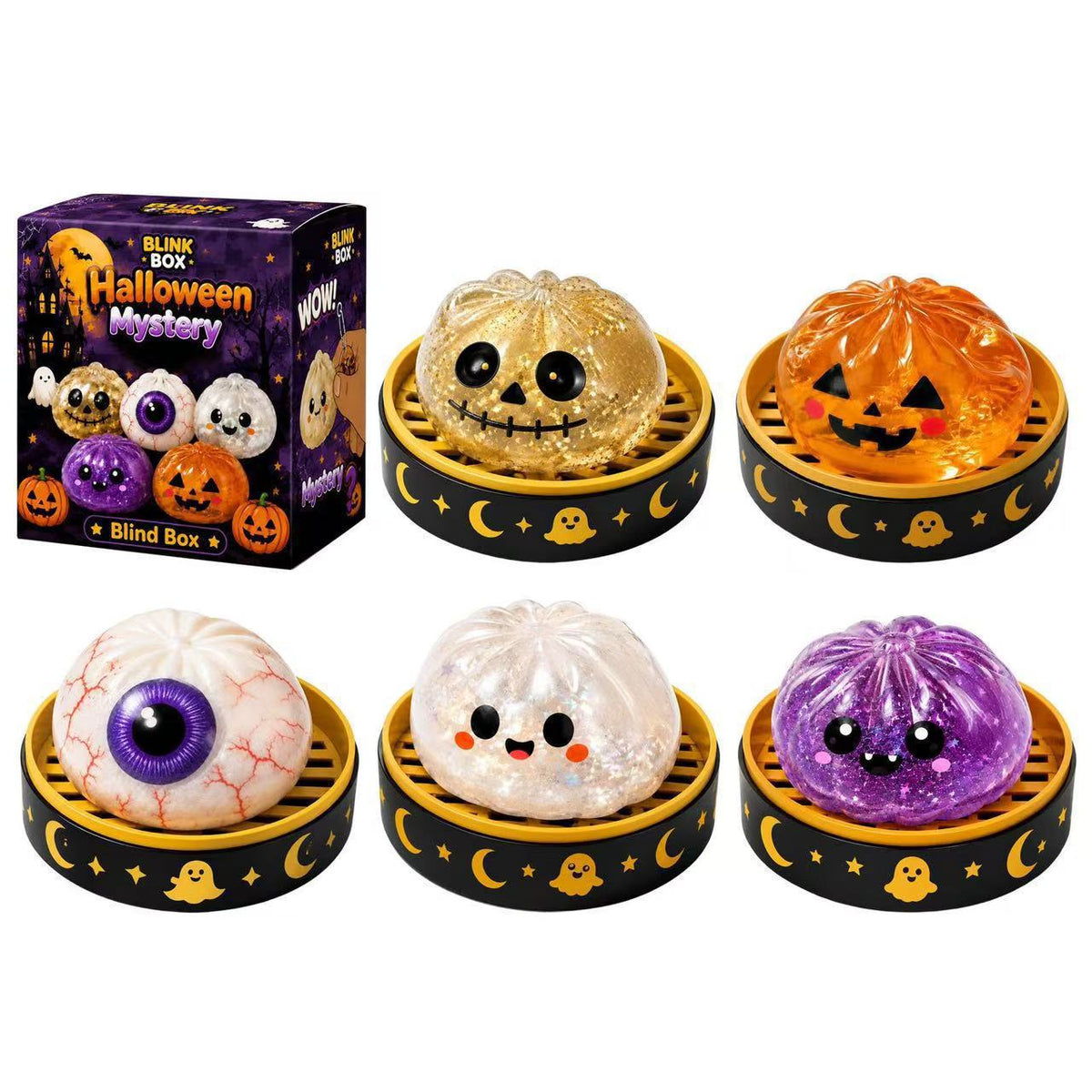 Five Halloween Bun Squishy Toys – Filled TPR Fidget Characters from Okie Soft Play—including a gold pumpkin, classic jack-o-lantern, spooky eyeball, white pumpkin with a cute face, and purple pumpkin with sparkles—are displayed near a festive Halloween-themed blind box. Each Okie Soft Play squishy brings adorable charm and squishy fun to your spooky celebrations.
