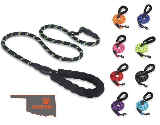 OkiePet® Reflective Rope Dog Leash – Heavy-Duty with Padded Anti-Slip Handle (8 Color Options)