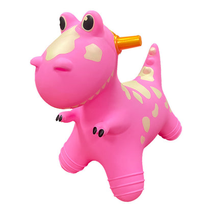 The Bouncy Dinosaur Hopper from Okie Soft Play Store is a pink inflatable ride-on toy for kids, featuring cream-colored spots, wide eyes, black-tipped feet, and an orange handle behind its head—perfect for fun bouncing play.