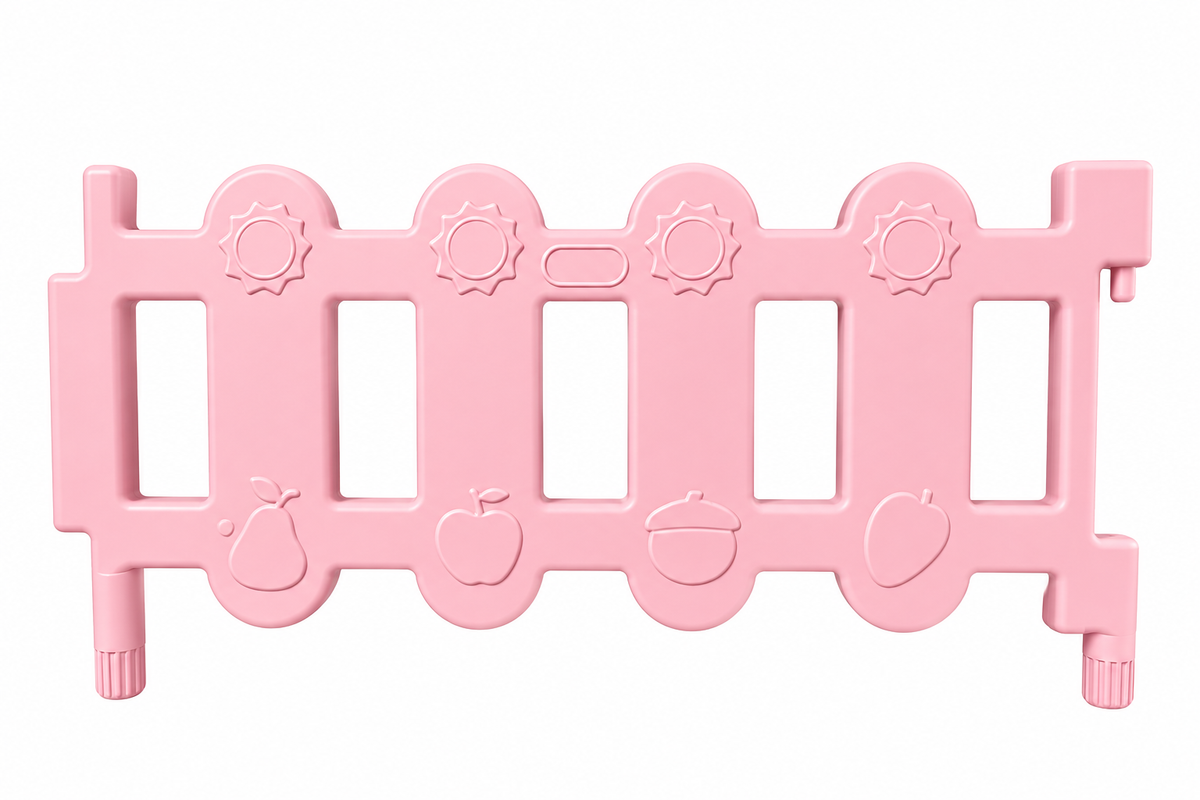 Sure! Here’s a rewritten version of the sentence using your product data: The Okie Soft Play Toddler Fence Panels—CPC Certified Soft Play Fence—in pink plastic feature vertical openings and embossed fruit shapes, including a pear, apple, acorn, and strawberry. Both adorable and functional, this safety gate ensures your baby’s security while adding a playful touch to any space.
