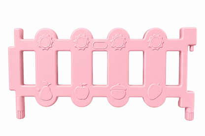 Sure! Here’s a rewritten version of the sentence using your product data: The Okie Soft Play Toddler Fence Panels—CPC Certified Soft Play Fence—in pink plastic feature vertical openings and embossed fruit shapes, including a pear, apple, acorn, and strawberry. Both adorable and functional, this safety gate ensures your baby’s security while adding a playful touch to any space.