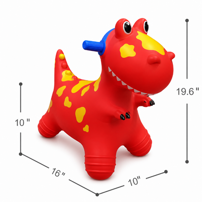 Introducing the Bouncy Dinosaur Hopper – Inflatable Ride-On Toy for Kids by Okie Soft Play Store. This red dinosaur hopper features playful yellow spots, blue ears, and a cheerful face with big eyes. Black claws on its feet add an extra touch of fun and cuteness to this adorable bouncing toy. Dimensions: 19.6″ tall, 16″ long, and 10″ wide. Shown on a white background.
