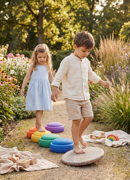 Two young children balance on the Okie Soft Play Store Rainbow Balance Board for Kids – Wobble Board for Active Play in a sunny garden. Wooden toys and a rainbow-themed blanket rest nearby, surrounded by lush flowers and greenery in this inviting outdoor setting.