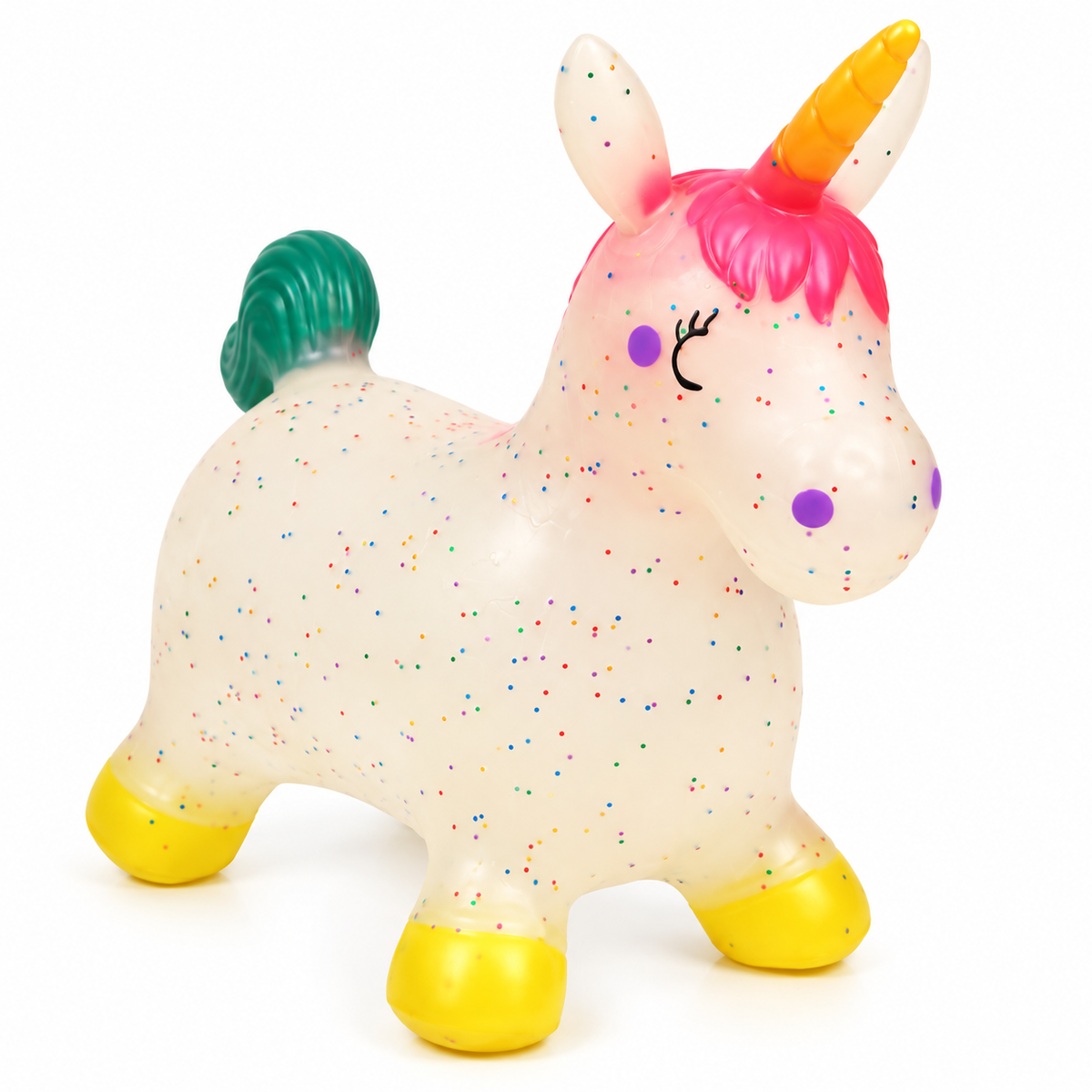 The Bouncy Hopper Unicorn for Toddlers by Okie Soft Play Store is an inflatable ride-on toy featuring a white body adorned with colorful speckles, a yellow horn, pink mane, teal tail, yellow hooves, and purple cheeks—perfectly designed to provide children with hours of joyful bouncing fun.