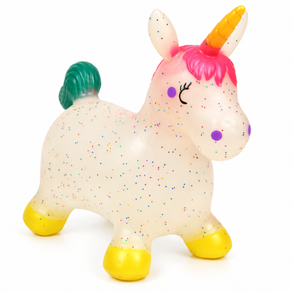 The Bouncy Hopper Unicorn for Toddlers by Okie Soft Play Store is an inflatable ride-on toy featuring a white body adorned with colorful speckles, a yellow horn, pink mane, teal tail, yellow hooves, and purple cheeks—perfectly designed to provide children with hours of joyful bouncing fun.