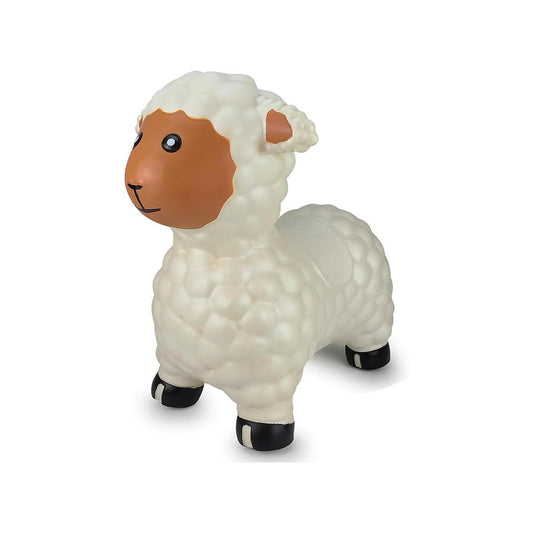 Okie Soft Play Bouncy Hopper Lamb for Toddlers, an inflatable ride-on toy shaped like a white lamb with a tan face and black hooves, perfect for active play.