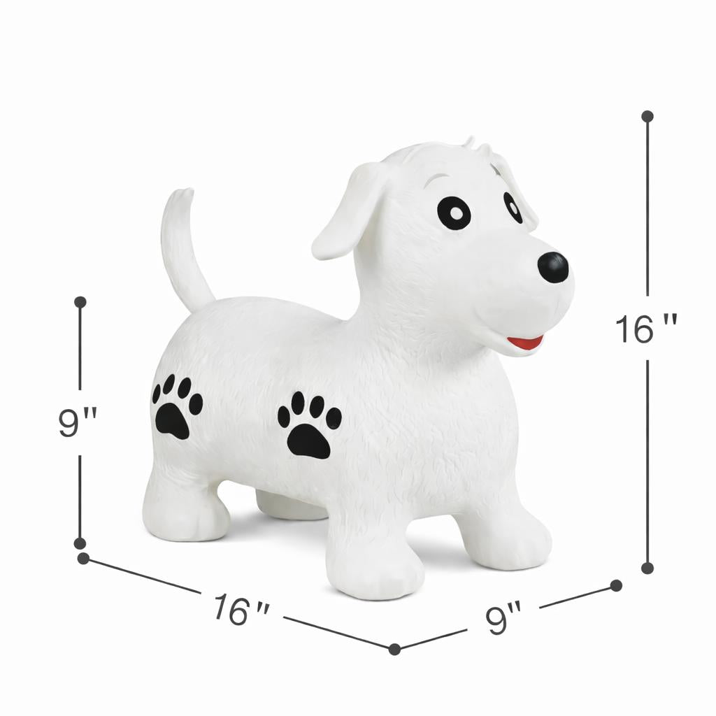 Okie Soft Play Puppy Hopper Toy, a white inflatable dog with black paw print accents, measuring 16 inches in height and length with a 9-inch width.