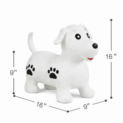 Okie Soft Play Puppy Hopper Toy, a white inflatable dog with black paw print accents, measuring 16 inches in height and length with a 9-inch width.