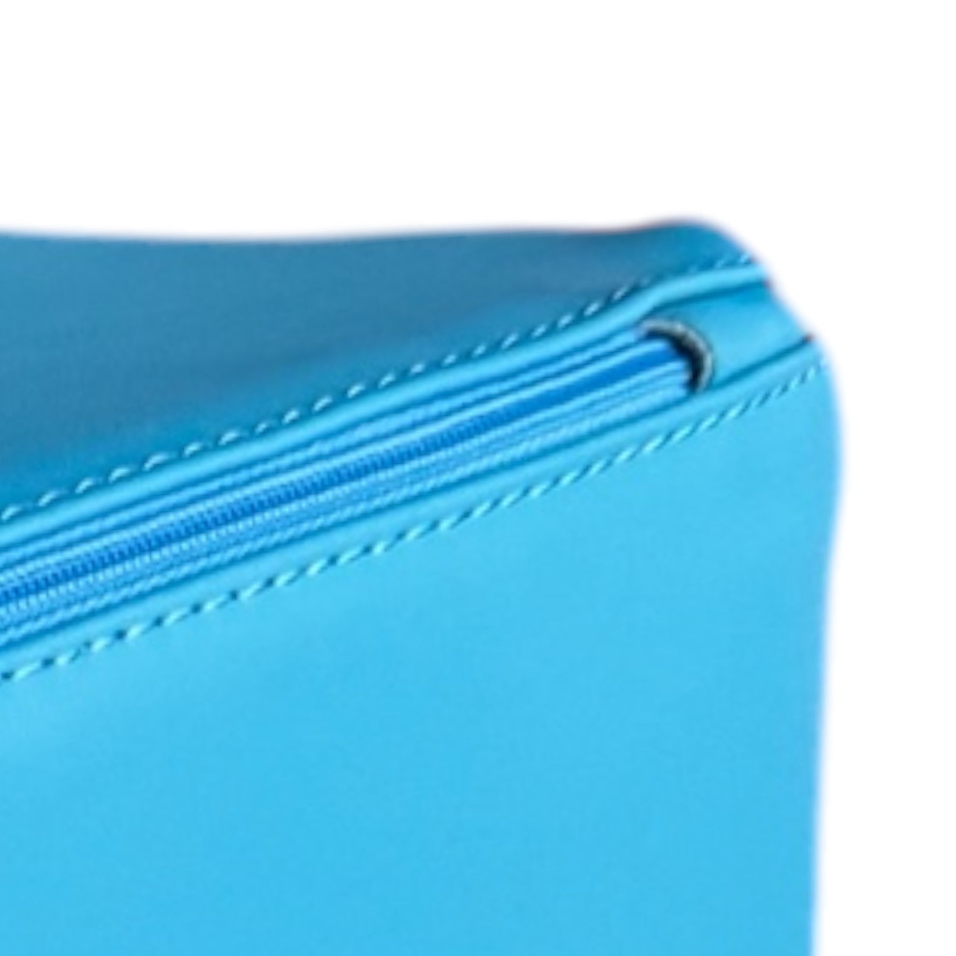 Close-up of hidden zipper detail on blue PU leather soft play block cover