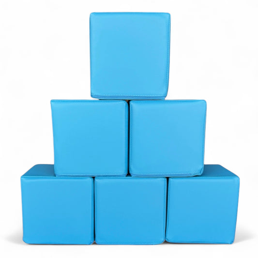 Stack of six blue soft play blocks arranged in a pyramid, CPSC certified foam cubes for kids