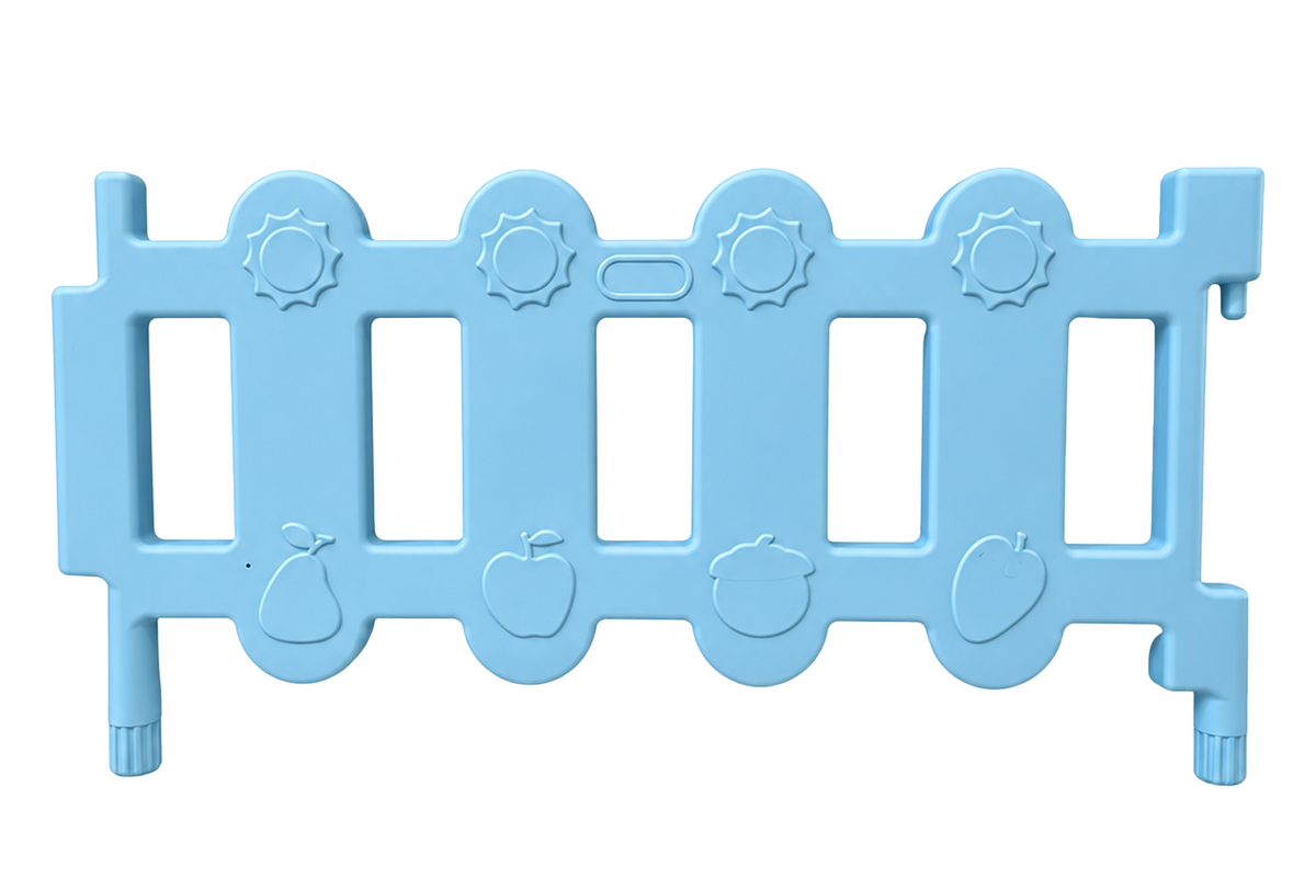 The Okie Soft Play Toddler Fence Panels, a CPC Certified Soft Play Fence in blue plastic, feature five vertical openings along with embossed images of a pear, apple, acorn, and strawberry and sun shapes across the top—creating a cheerful and secure environment for young children.