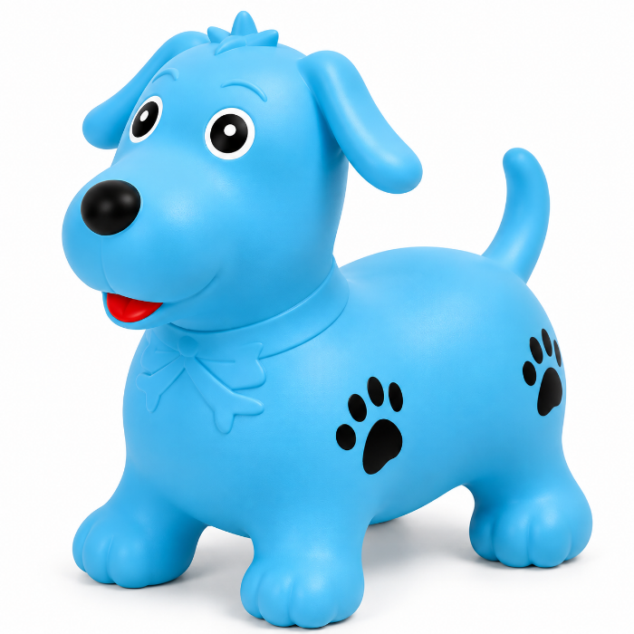 Puppy Hopper Toy inflatable blue puppy ride-on featuring black paw print decals on its sides.