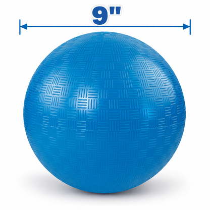 Textured blue 9-Inch Dodgeball 6-Pack shown with a 9-inch dimension measurement indicator.