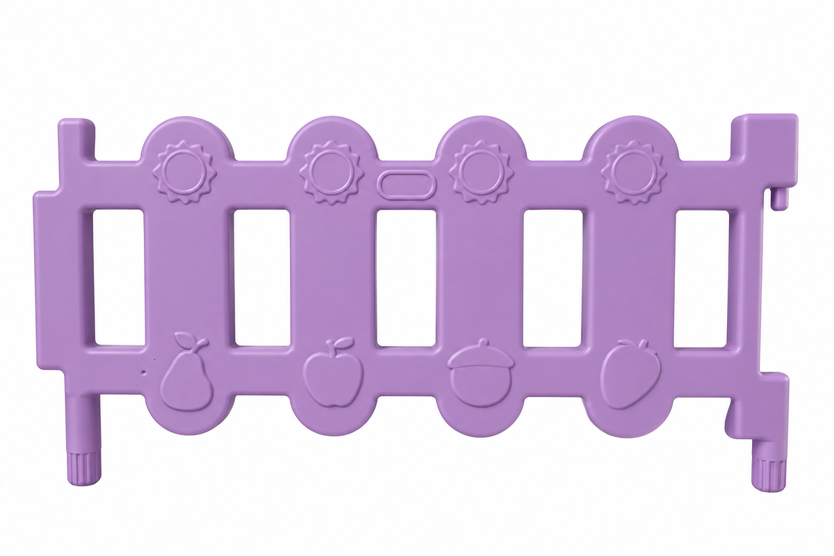 A purple plastic Toddler Fence Panel by Okie Soft Play, featuring vertical openings and embossed shapes of a pear, apple, and acorn at the bottom; CPC certified for safe play.