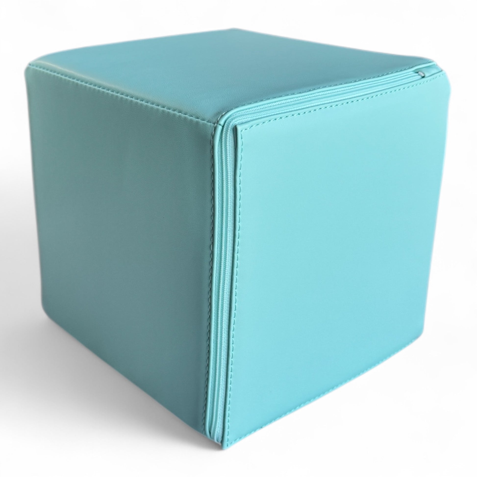 Close-up of hidden zipper detail on light blue soft play block cover