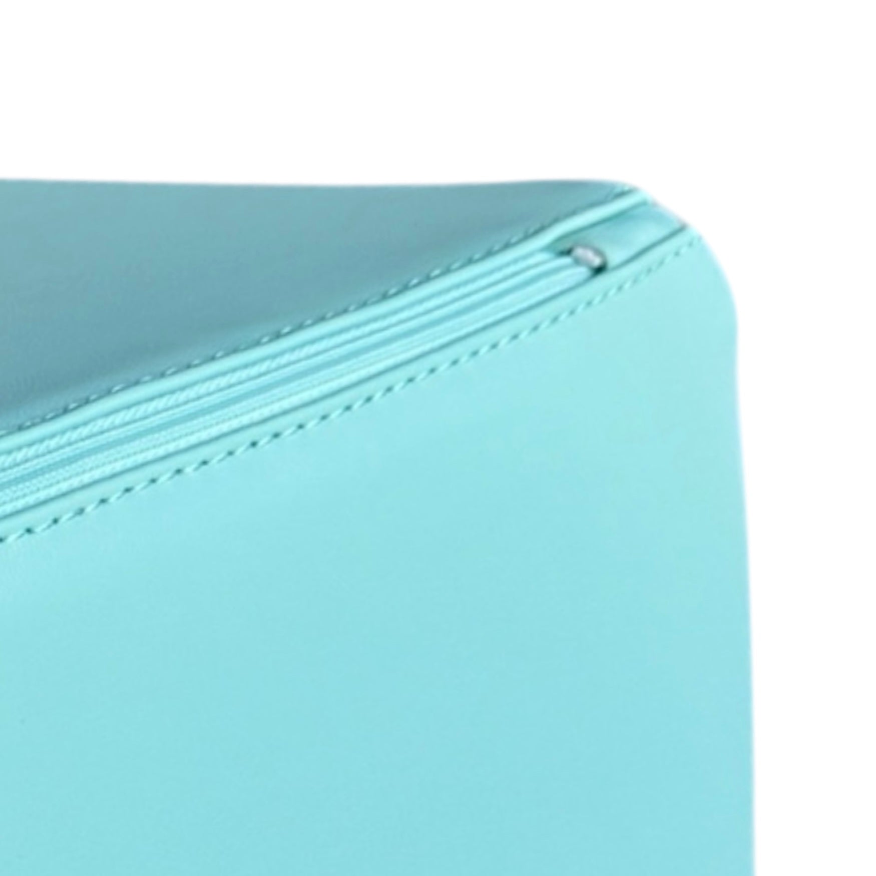 Close-up of hidden zipper detail on light blue PU leather soft play block cover - Zipper