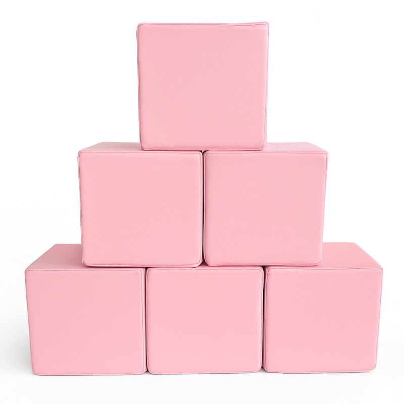 Stack of six pink soft play blocks arranged in a pyramid, CPSC certified foam cubes for kids