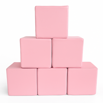 Stack of six pink soft play blocks arranged in a pyramid, CPSC certified foam cubes for kids