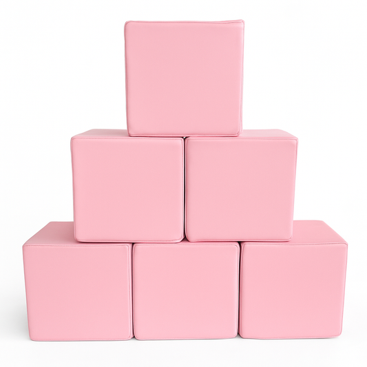 Stack of six pink soft play blocks arranged in a pyramid, CPSC certified foam cubes for kids