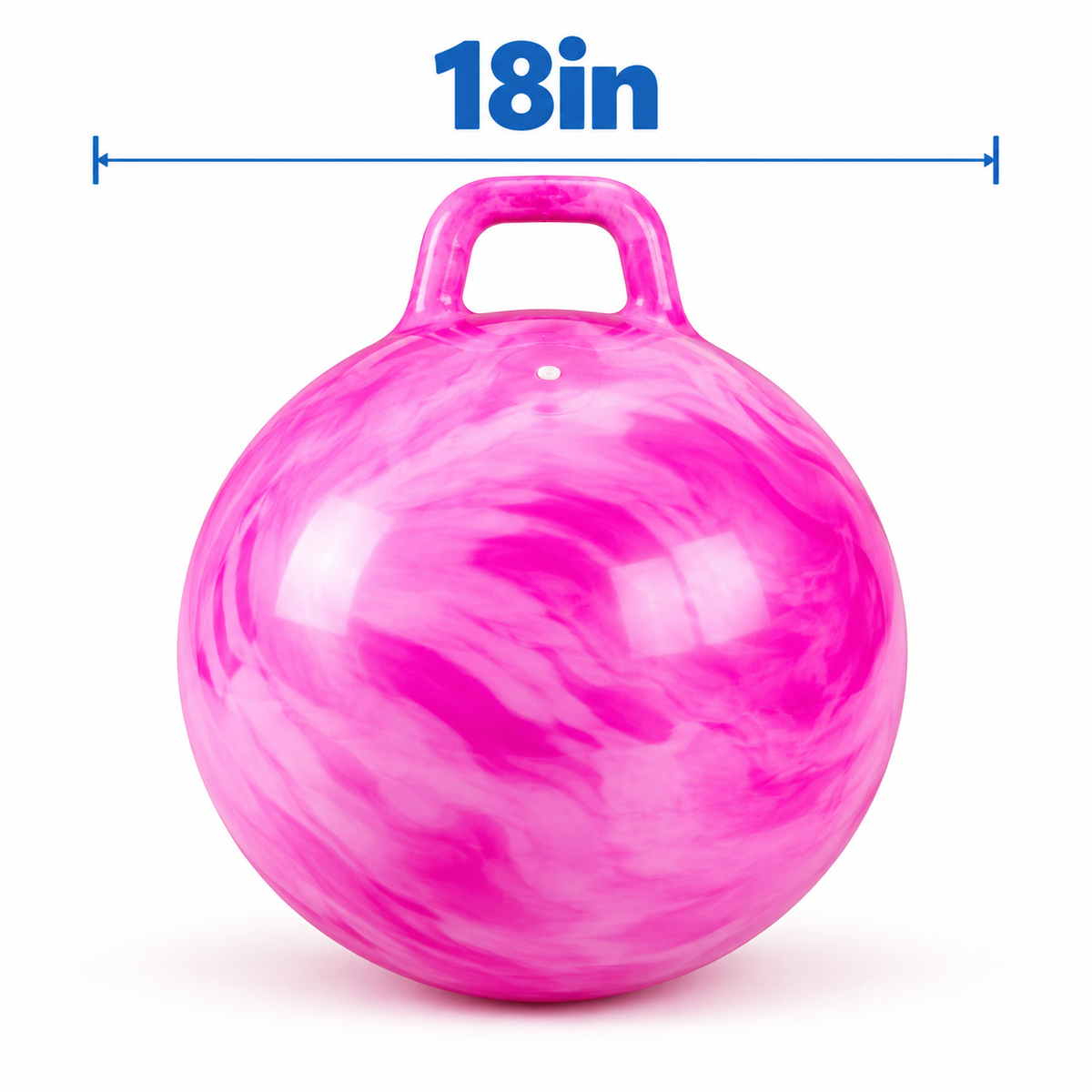 Pink and white swirled Okie Soft Play® Bouncy Hopper Ball Toy - 18in/21in with a handle, featuring an 18-inch measurement line above it.