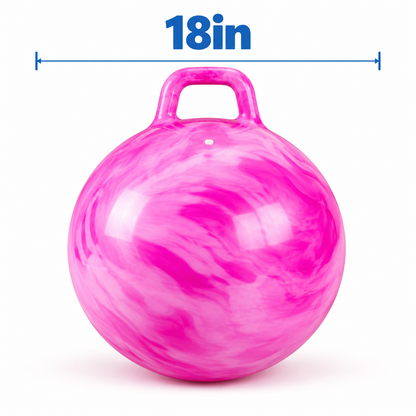 Pink and white swirled Okie Soft Play® Bouncy Hopper Ball Toy - 18in/21in with a handle, featuring an 18-inch measurement line above it.