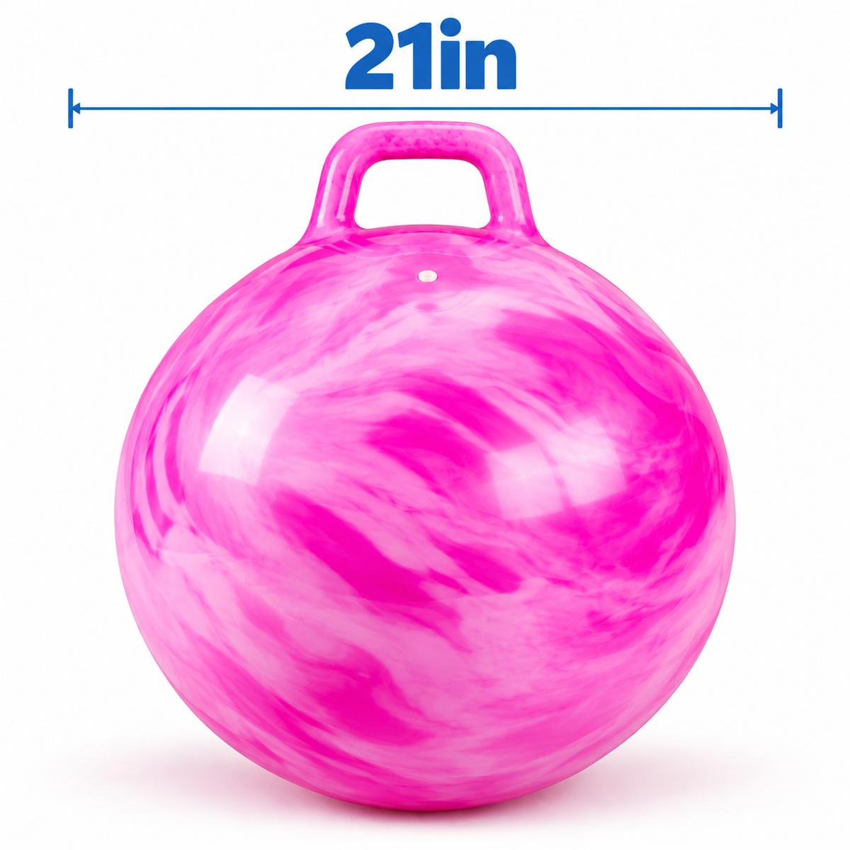 A 21-inch pink marble-patterned Okie Soft Play® Bouncy Hopper Ball Toy with a handle.