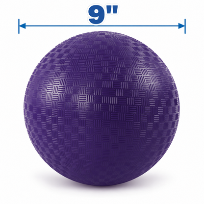 A purple, textured 9-Inch Dodgeball 6-Pack with a 9-inch dimension marker above it.