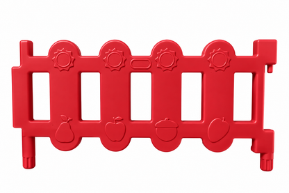 The Okie Soft Play Toddler Fence Panels | CPC Certified Soft Play Fence features a vibrant red plastic design with vertical slots and embossed shapes of a pear, apple, acorn, and strawberry, complemented by playful sun motifs at the top—creating an engaging and visually appealing barrier perfect for play areas or garden spaces.