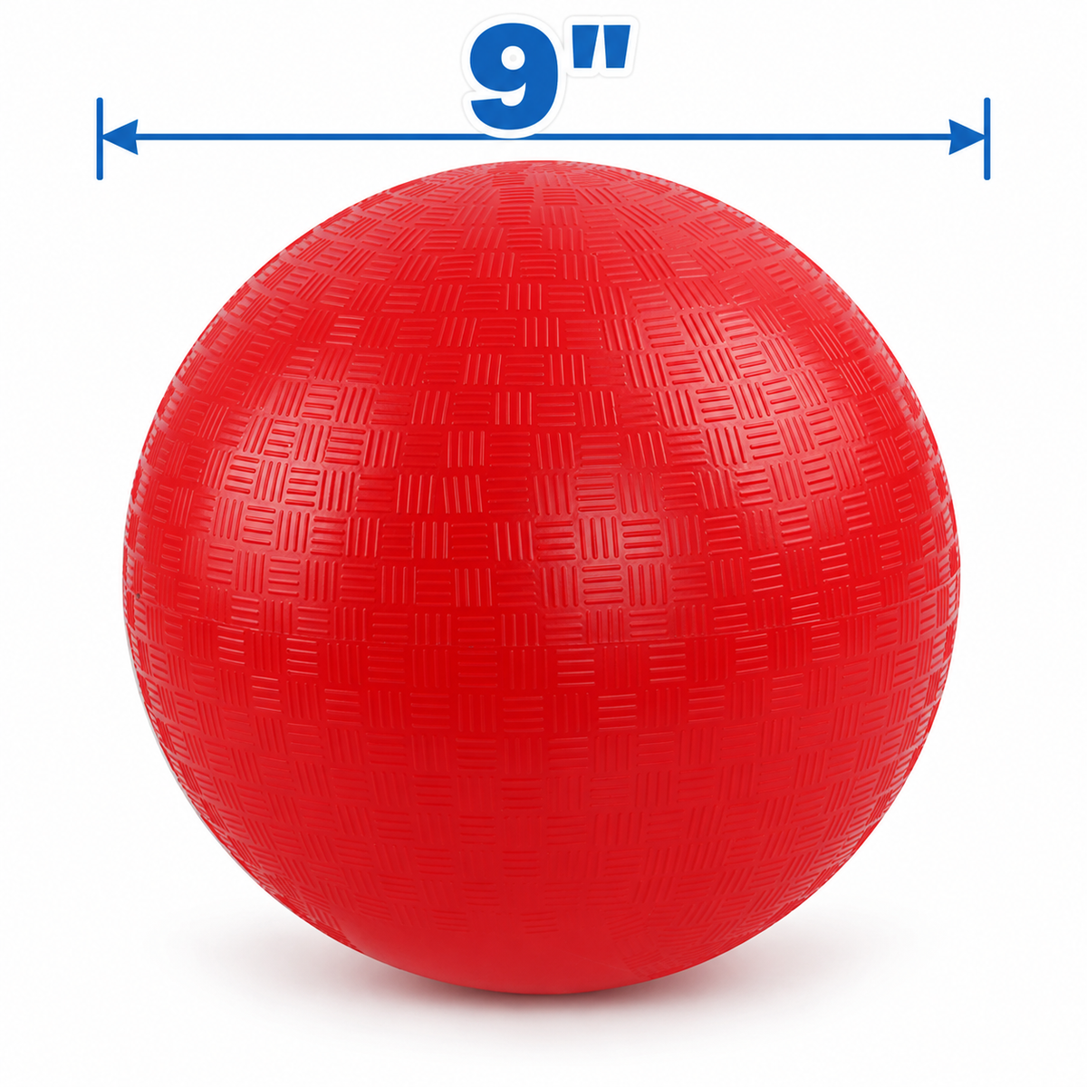 A 9-Inch Dodgeball from the 6-Pack, featuring a textured red surface and a measurement indicator shown above it.