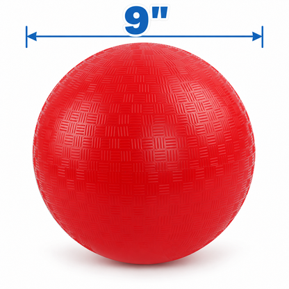 A 9-Inch Dodgeball from the 6-Pack, featuring a textured red surface and a measurement indicator shown above it.