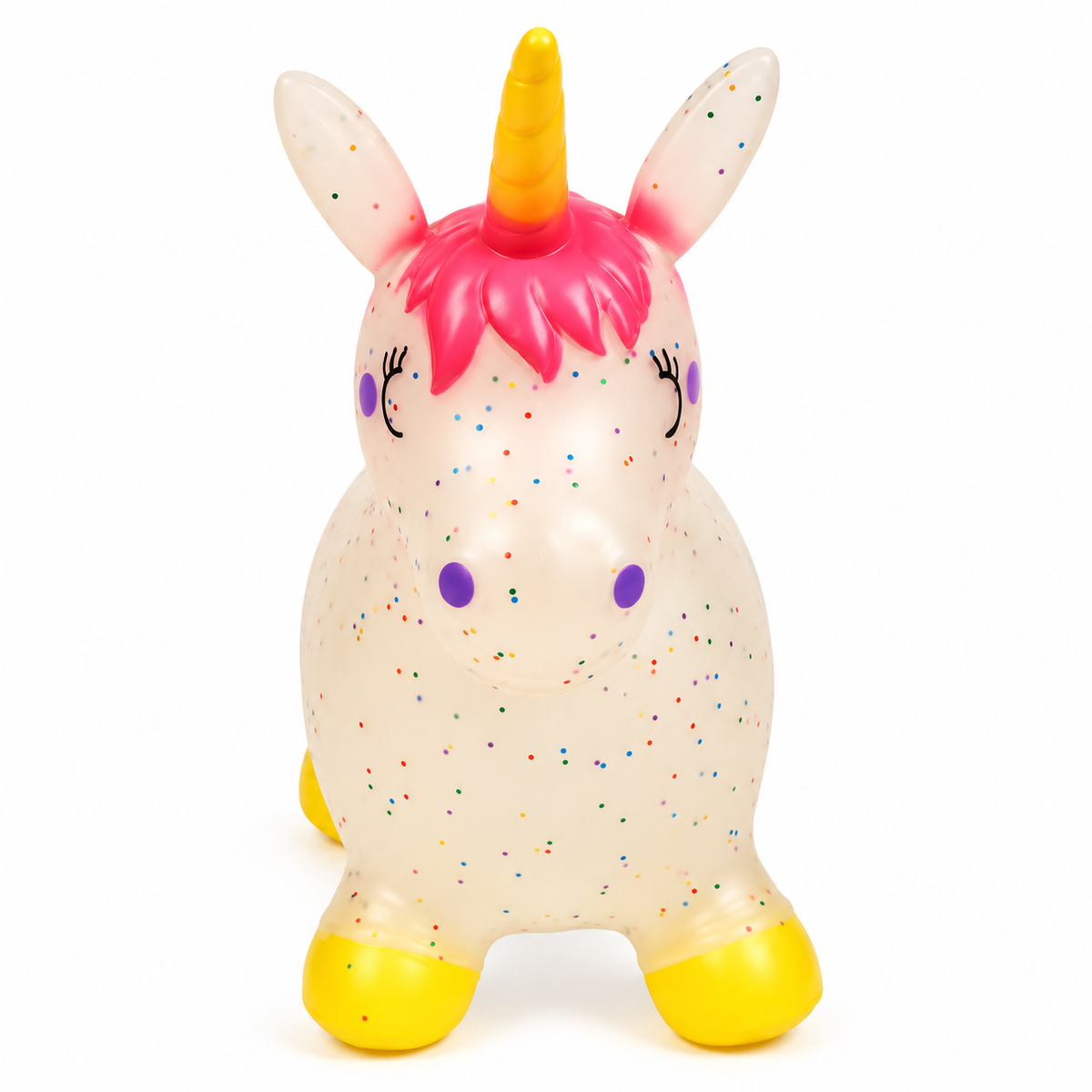 The Bouncy Hopper Unicorn for Toddlers by Okie Soft Play Store is an inflatable ride-on toy featuring a yellow horn, pink mane, rainbow spots, and yellow-tipped feet, shown facing forward against a white background—a delightful bounce animal for children.