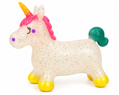 The Okie Soft Play Store Bouncy Hopper Unicorn for Toddlers is an inflatable ride-on toy featuring a yellow horn, pink mane, green tail, yellow feet, purple dots on its cheeks, and colorful confetti spots on its white body—shown on a plain white background—making it a whimsical and fun bounce animal perfect as a children’s toy.