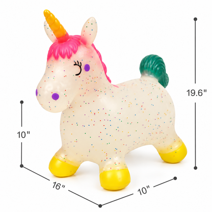 The Okie Soft Play Store’s Bouncy Hopper Unicorn for Toddlers is a white, speckled inflatable ride-on toy featuring a yellow horn, pink mane, green tail, purple spots, and yellow hooves. This playful children’s bouncer measures 16″ long, 10″ wide, and 19.6″ tall.