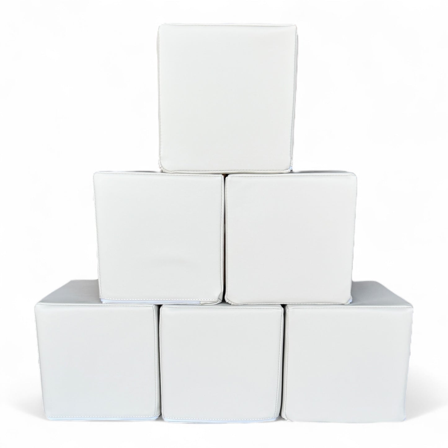 Stack of six white soft play blocks arranged in a pyramid, CPSC certified foam cubes for kids - Front