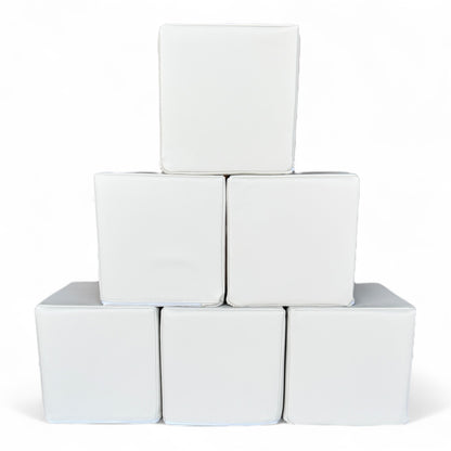 Stack of six white soft play blocks arranged in a pyramid, CPSC certified foam cubes for kids - Front