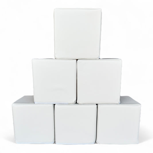 Stack of six white soft play blocks arranged in a pyramid, CPSC certified foam cubes for kids - Front