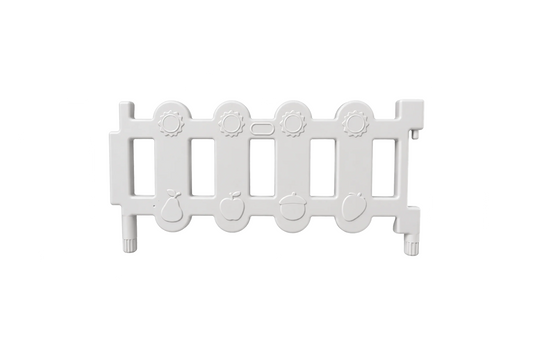 A Toddler Fence Panel by Okie Soft Play: a white plastic, CPC-certified soft play gate panel adorned with vertical slats, engraved fruit shapes along the bottom edge, and sun motifs at the top—presented here as a clear visual depiction of the product against a white background.