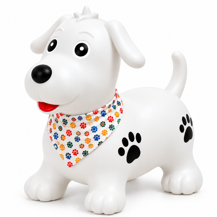 Okie Soft Play Puppy Hopper Toy, a white inflatable puppy featuring black paw prints and a colorful paw-print bandana.