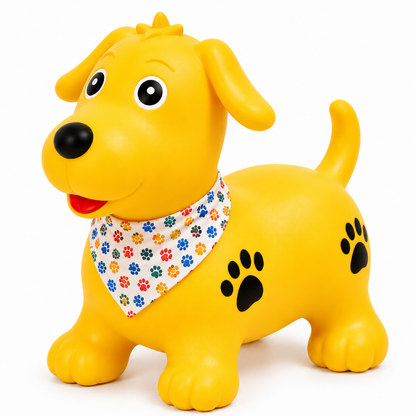 Okie Soft Play Puppy Hopper Toy, a yellow inflatable puppy ride-on wearing a white bandana with a colorful paw print pattern and black paw prints on its body.