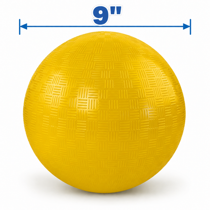 Yellow 9-Inch Dodgeball from the 9-Inch Dodgeball 6-Pack with a textured surface, shown with a dimension line indicating its diameter.
